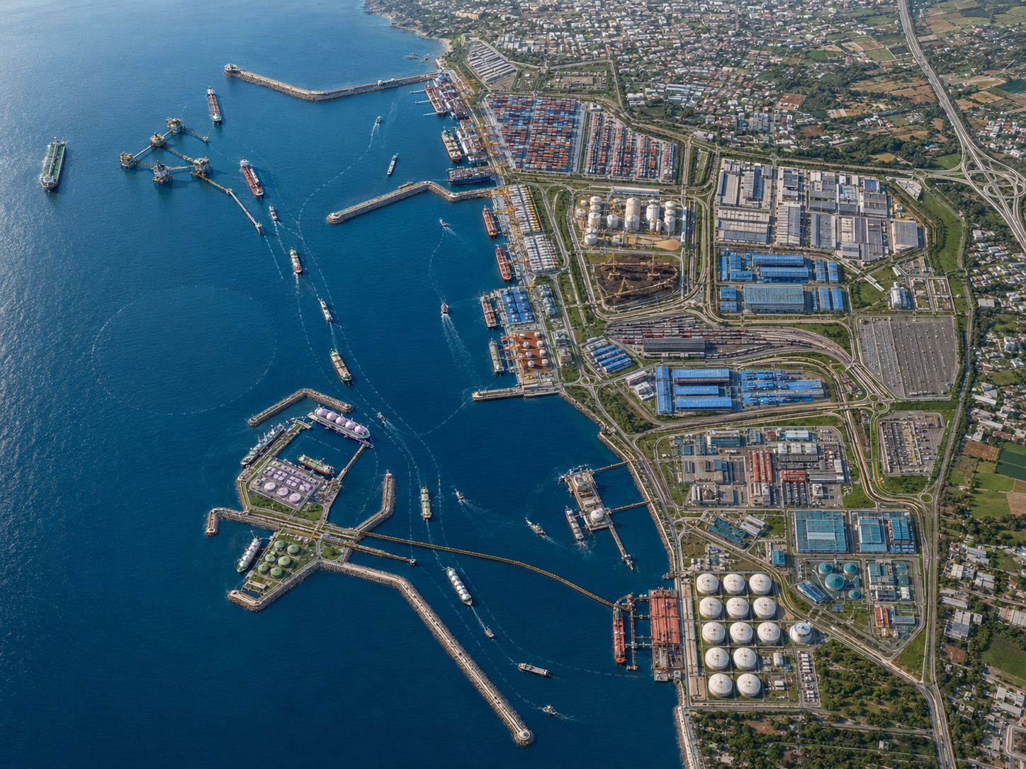Aerial view of the Baniyas deep-water gateway — container terminal, liquid berths and free zone