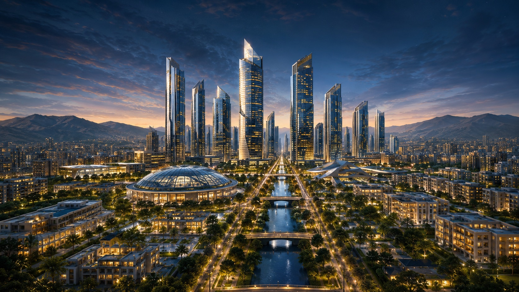 New Damascus city centre at dusk — towers, dome and canal boulevard