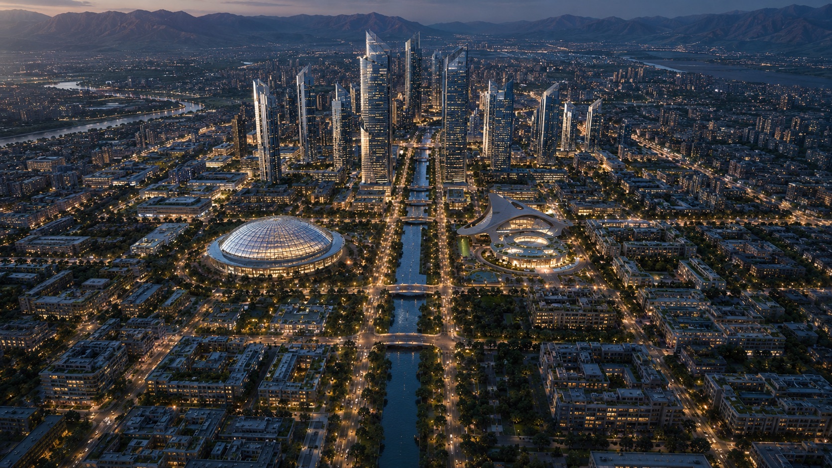 Aerial night view of the Future Madain masterplan — dome, canal boulevard and towers