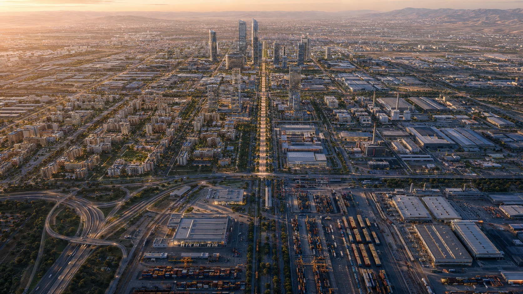 Golden-hour aerial along the central axis of New Damascus — towers, logistics yards and rail