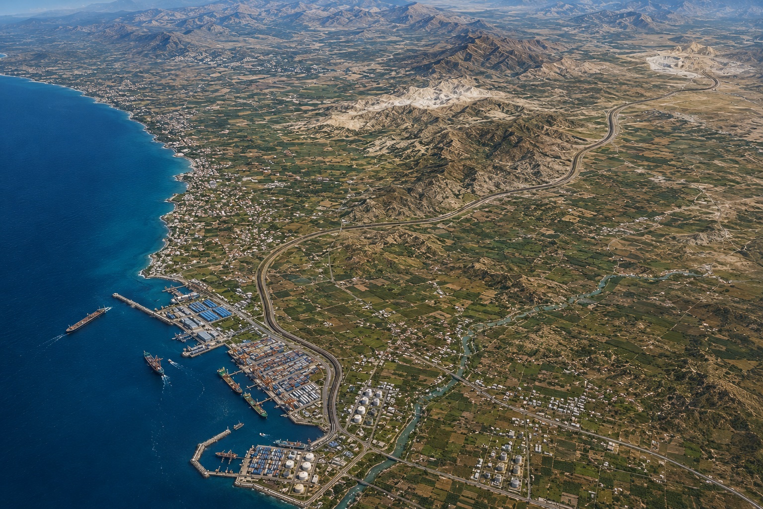 Aerial view of the Phoenix Corridor — from the Mediterranean coast inland to the phosphate mines